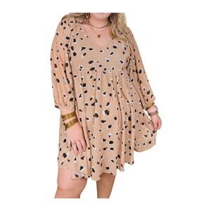 Umgee Dress Midi Brown Animal Print Elastic Waist Puff Sleeve Size Medium Ruffle